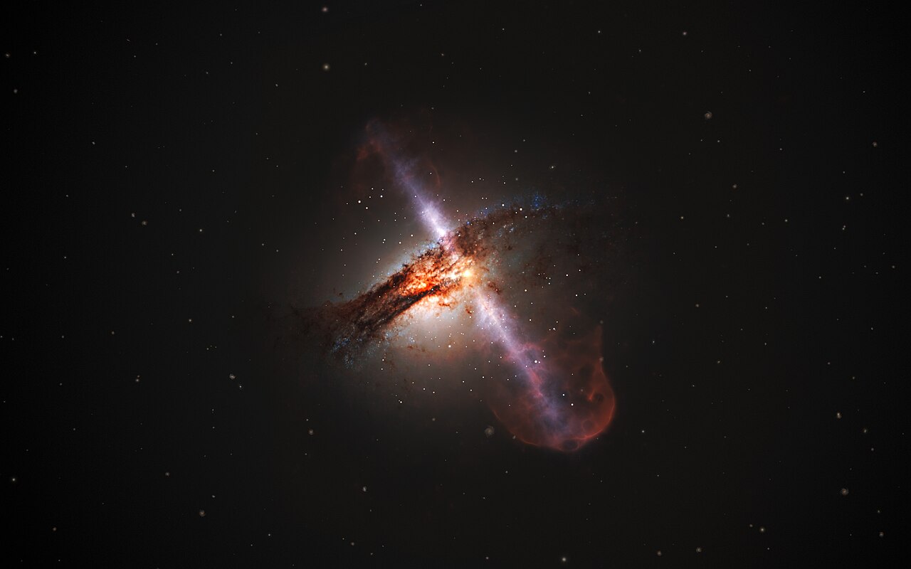 Artist’s illustration of galaxy with jets from a supermassive black hole — Un volcan cosmique se réveille après 100 millions d'années